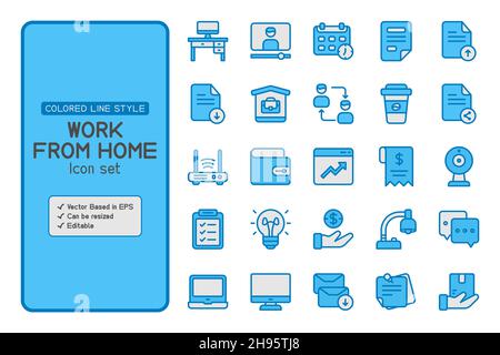 Set of work from home icons with colored line style and vector based. It can use for your business or others. Stock Vector