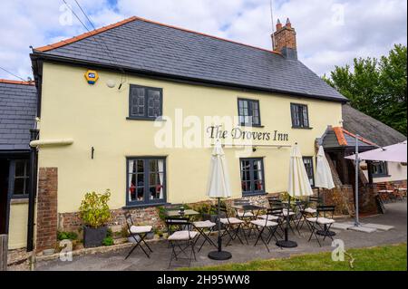 The exterior front with beer garden of The Drovers Inn pub in the
