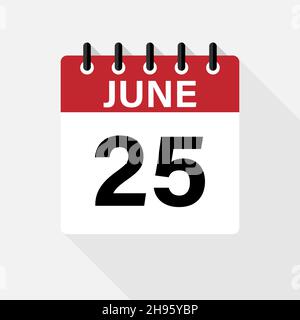 June Calendar Icon. Calendar Icon with shadow. Flat style. Date, day and month. Stock Vector