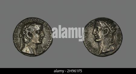 Tetradrachm (Coin) Portraying Emperor Tiberius, 32 CE. Augustus on reverse. Minted in Alexandria (in modern Egypt). Stock Photo