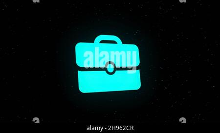 Digital animation of briefcase icon decaying into multicolored moving plexus networks on black background. animation. Technology, business and interne Stock Photo