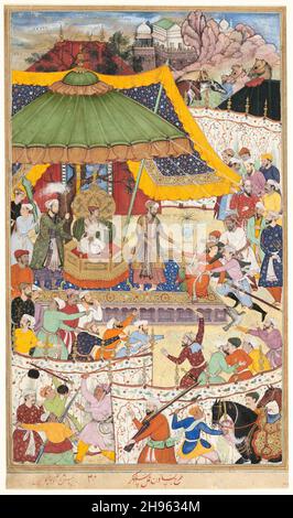 The Young Emperor Akbar Arrests the Insolent Shah Abu&#x2019;l-Maali, page from a manuscript of the Akbarnama, c. 1590/95. Stock Photo