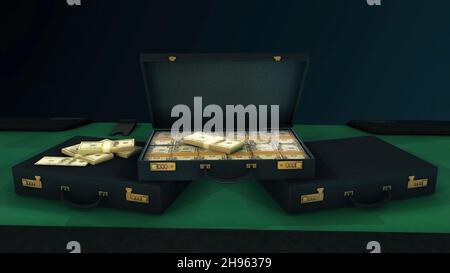 3D animation of suitcases with money. Animation. Illegal suitcases with money on green game table. Suitcases with dollars in criminal or gambling acti Stock Photo