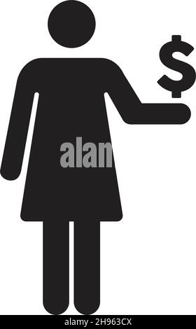 Dollar sign with woman icon vector currency symbol for business and finance in a flat color glyph pictogram illustration Stock Vector
