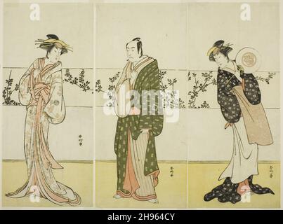 The Actors Osagawa Tsuneyo II (right), Ichikawa Monnosuke II (center), and Segawa Kikunojo III (left), Possibly as Misao Gozen, Matsuya Soshichi, and the Courtesan Kojoro of Hakata, in the Play Chiyo no Hajime Ondo no Seto (Beginnings of Eternity: The Ondo Straits in the Seto Insland Sea) (?), Performed at the Kiri Theater from the Twenty-seventh Day of te Seventh Month, 1785, c. 1785. Stock Photo