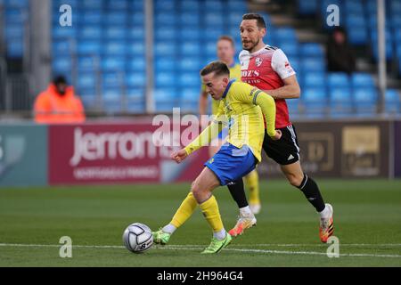 SOLIHULL, ENGLAND. DECEMBER 4TH 2021. Joe Sbarra of Solihull Moors shoots at goal during the Vanarama National League match between Solihull Moors and Woking FC at the Armco Stadium, Solihull on Saturday 4th December 2021. (Credit: James Holyoak/Alamy Live News) Stock Photo