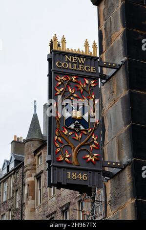 Edinburgh, Scotland- Nov 20, 2021:  The sign for New College at the University of Edinburgh. Stock Photo