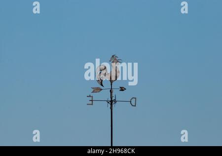 Low angle shot of a rooster weathervane on a roof