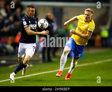 London, UK. 04th Dec, 2021. LONDON, United Kingdom, DECEMBER 04:L-R Jed Wallace of Millwall and Birmingham City's Kristian Pedersen during The Sky Bet Championship between Millwall and Birmingham City at The Den Stadium, London on 04th December 2021 Credit: Action Foto Sport/Alamy Live News Stock Photo