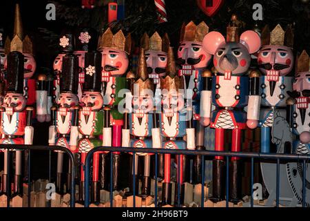 Zagreb, Croatia-December 3rd, 2021: Toy soldiers in colorful uniforms set on the square in the Zagreb city, Croatia during period of Advent as street Stock Photo