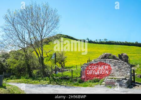 The Cofiwch Dryweryn mural,political,grafitti,on the A487 near Llanrhystud,south,Aberystwyth has been repeatedly vandalised.The protest image was painted in 1965 after the village of Capel Celyn near Bala in Gwynedd was flooded to create a reservoir to supply water to Liverpool.Cofiwch Dryweryn (English: 'Remember Tryweryn') or Y Wal Cofiwch Dryweryn is a graffitied grafitti,graffitti,graffiti,stone, wall, near, Llanrhystud, Ceredigion, Wales. Cofiwch Dryweryn,West,Mid,Wales,Welsh,Independence,Welsh Independence,nation,national,nationalism,nationalist,pride,passion,patriotism,Great Britain, Stock Photo