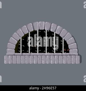 Vector castle medieval dungeon scared window with strong grunge steel and monster red eyes in darkness inside. Castle prison window Stock Vector