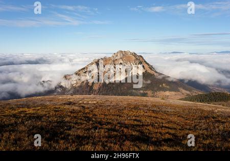 Velky Rozsutec, Mala Fatra, Lesser Fatra, Slovakia. Top, peak and summit. View from Stoh mountain. Beautiful landscape and nature in autumn and fall.