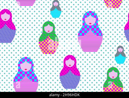 Seamless print paper Russian nesting dolls matrioshka, set icon colorful symbol traditional of Russia, vector isolated on polka dot white background Stock Vector
