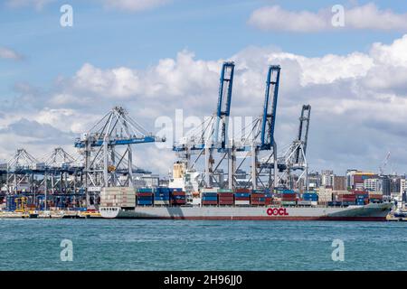 Dockyard cranes unloading the container ship OOCL Busan at a wharf at the Ports of Auckland in New Zealand Stock Photo