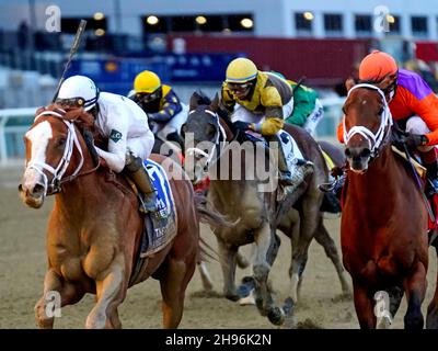 December 4, 2021, South Ozone Park, New York, USA: December 04, 2021: Americanrevolution #3, ridden by jockey Luis Saez wins the Cigar Mile (Grade 1) at Aqueduct Racetrack in South Ozone Park, Queens, N.Y. on December 4th, 2021. Dan HearyEclipse SportswireCal Sport Media Stock Photo