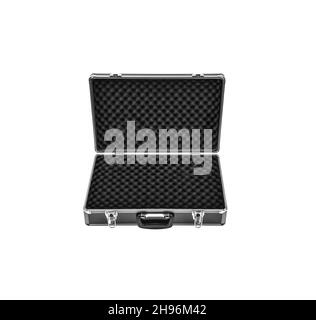 Opened black padded aluminum briefcase case with metal corners isolated on white background Stock Photo