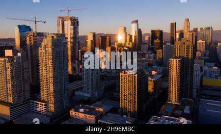 Sunset aerial view of the downtown skyline of Los Angeles, California, USA. Stock Photo