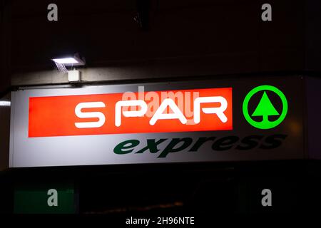 A close-up of a Spar Express store sign. Stock Photo