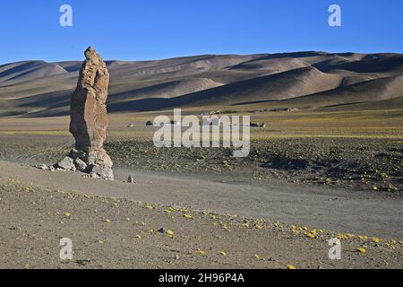 Geological monolith (Monjes de la Pakana) and dry hil in the Atacama desert, Chile Stock Photo