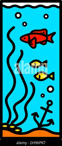 Aquarium simple icon. Flat color illustration. Fishkeeping. Fish tank. Contour symbol. Vector isolated drawing. Stock Vector