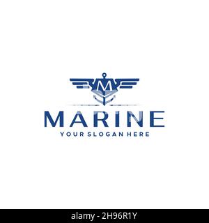 Flat letter mark initial M MARINE blue logo design Stock Vector