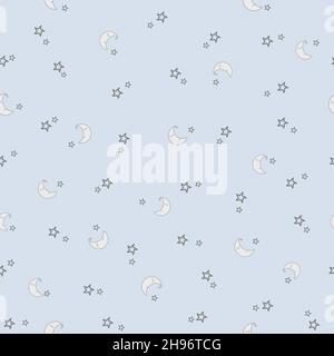 Stars and Moon Pattern. Baby's Seamless Pattern with Smiling Slipping Moon and Stars on Pastel Blue Background. Vector illustration Stock Vector