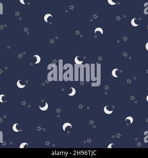 Stars and Moon Pattern. Baby's Seamless Pattern with Smiling Slipping Moon and Stars on Dark Blue Background. Vector illustration Stock Vector