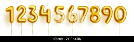 Gold number balloons vector set. Birthday Golden foil balloon with numeric metallic numbers 0 to 9 for birth day occasion and event celebration. Stock Vector