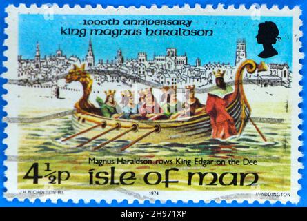 Photo of an Isle of Man 41/2p postage stamp celebrating the 1000th anniversary of King Magnus Haraldson and his expedition to the Irish Sea Stock Photo