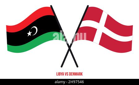 Libya and Denmark Flags Crossed And Waving Flat Style. Official Proportion. Correct Colors. Stock Vector
