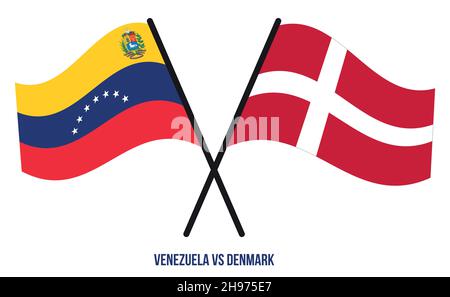 Venezuela and Denmark Flags Crossed And Waving Flat Style. Official Proportion. Correct Colors. Stock Vector