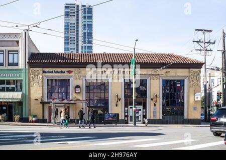 Bank of America at 1455 Stockton St, San Francisco, CA 94133 A historic Mediterranean revival and art deco style building in North Beach Stock Photo