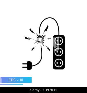 An extension cord for an outlet with a damaged cable, with sparks. Dangerous to health, short circuit. The illustration is in solid black. Vector Stock Vector