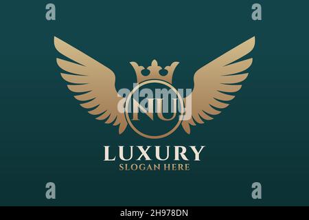Luxury royal wing Letter NU crest Gold color Logo vector, Victory logo, crest logo, wing logo, vector logo . Stock Vector