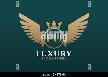 Luxury royal wing Letter PU crest Gold color Logo vector, Victory logo, crest logo, wing logo, vector logo . Stock Vector