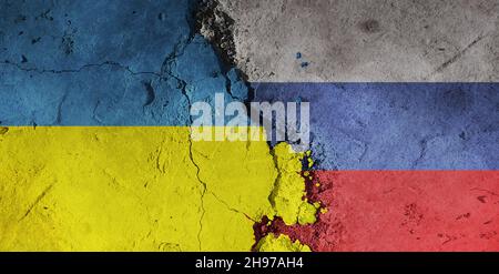 Russia vs ukraine flag on a rough background. Broken and cracked background. Stock Photo