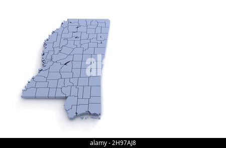 Mississippi State Map 3d. State 3D rendering set in the United States. Stock Photo