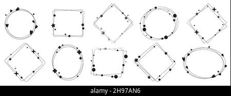 Modern linear frames in a minimalistic style with elements of hearts, stars, crosses, snowflakes, circles. Various shapes of frames, vector illustration isolated on white Stock Vector