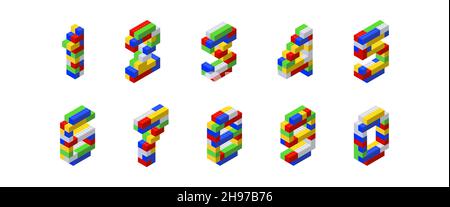 Isometric numbers made up of colored blocks on a white background. For printing and decorating textbooks.Vector illustration. Stock Vector