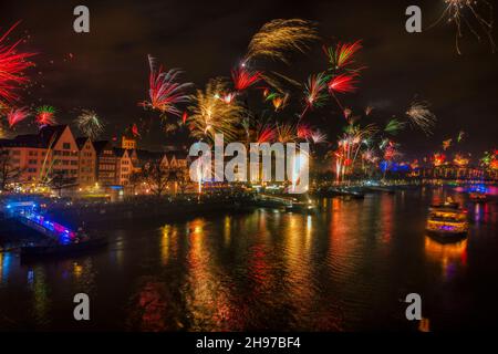 Firework over the Rhine river and Cologne Cathedral, celebration of the New Year in Cologne, Germany. Stock Photo