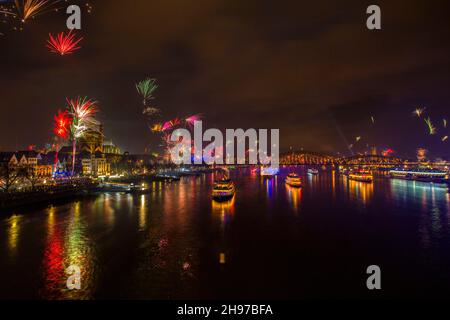 Firework over the Rhine river and Cologne Cathedral, celebration of the New Year in Cologne, Germany. Stock Photo