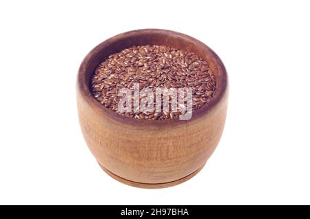 Brown flax seeds in wooden bowl isolated on white background Stock Photo