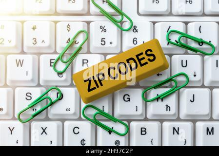 Text showing inspiration Zip Codes. Word Written on numbers added to a postal address to assist the sorting of mail Creating New Typing Game Concept Stock Photo