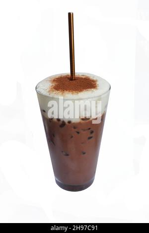 Iced Chocolate or Cocoa Latte with milk foam in glass isolated on white background, Healthy cold drink that's great for summer Stock Photo