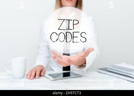 Text showing inspiration Zip Codes. Conceptual photo numbers added to a postal address to assist the sorting of mail Developer Discussing Gadget Stock Photo