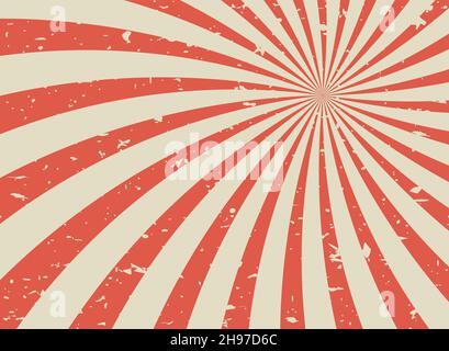 Sunlight retro spiral grunge background. Red and beige color burst wallpaper. Vector illustration. Sun beam swirl ray backdrop. Old speckled paper. Vi Stock Vector