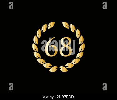 68th Anniversary Ring Logo Template. 68th Years Anniversary Logo With Golden Ring Isolated On Black Background, For Birthday, Anniversary And Company Stock Vector