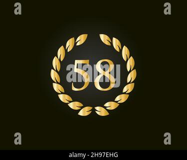58th Anniversary Ring Logo Template. 58th Years Anniversary Logo With Golden Ring Isolated On Black Background, For Birthday, Anniversary And Company Stock Vector