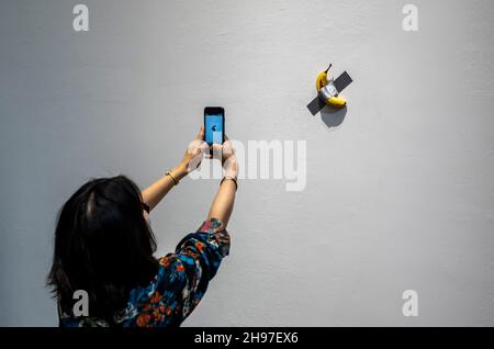 Beijing, China. 05th Dec, 2021. Banana taped to the wall at Maurizio Cattelan The Last Judgment art exhibition in UCCA Center for Contemporary Art in Beijing, China on 05/12/2021 by Wiktor Dabkowski Credit: dpa/Alamy Live News Stock Photo